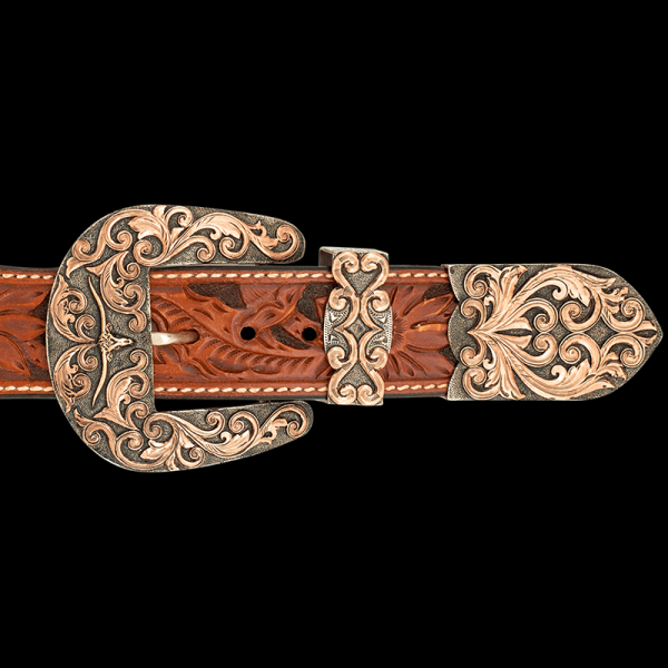 There's no better way to describe Stockyards Style than with our Cowtown Three Piece Buckle Set! Detailed with our Longhorn 3D figure and intrincate copper scrollwork. Pair it with a discount belt and keychain!